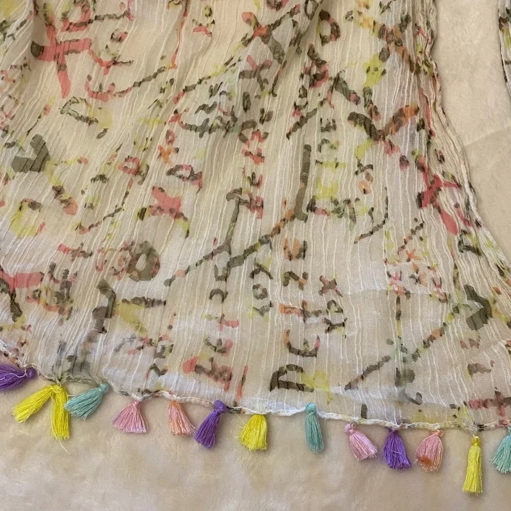 Betsey‎ Johnson Scarf Colorful Tassels Lightweight Whimsical Crinkle Boho Floral